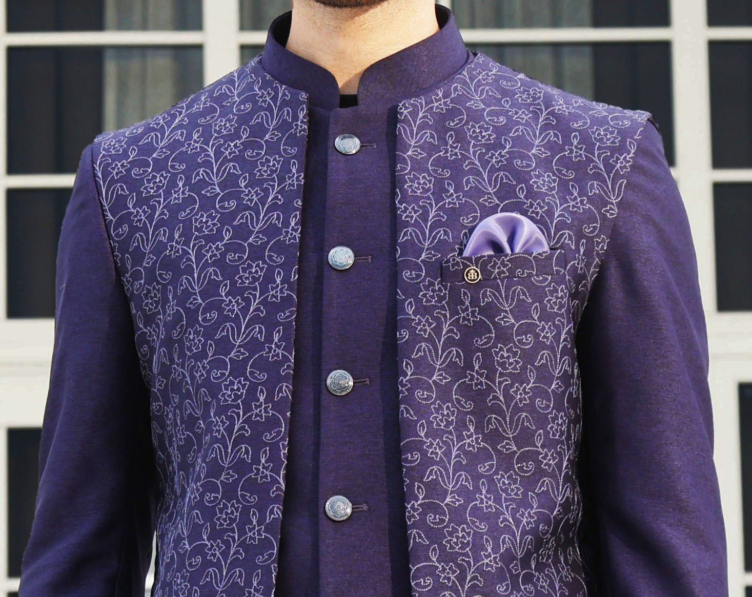 Three-piece Purple Designer Bandhgala suit