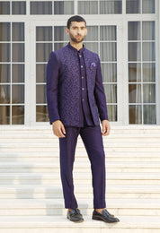 Three-piece Purple Designer Bandhgala suit