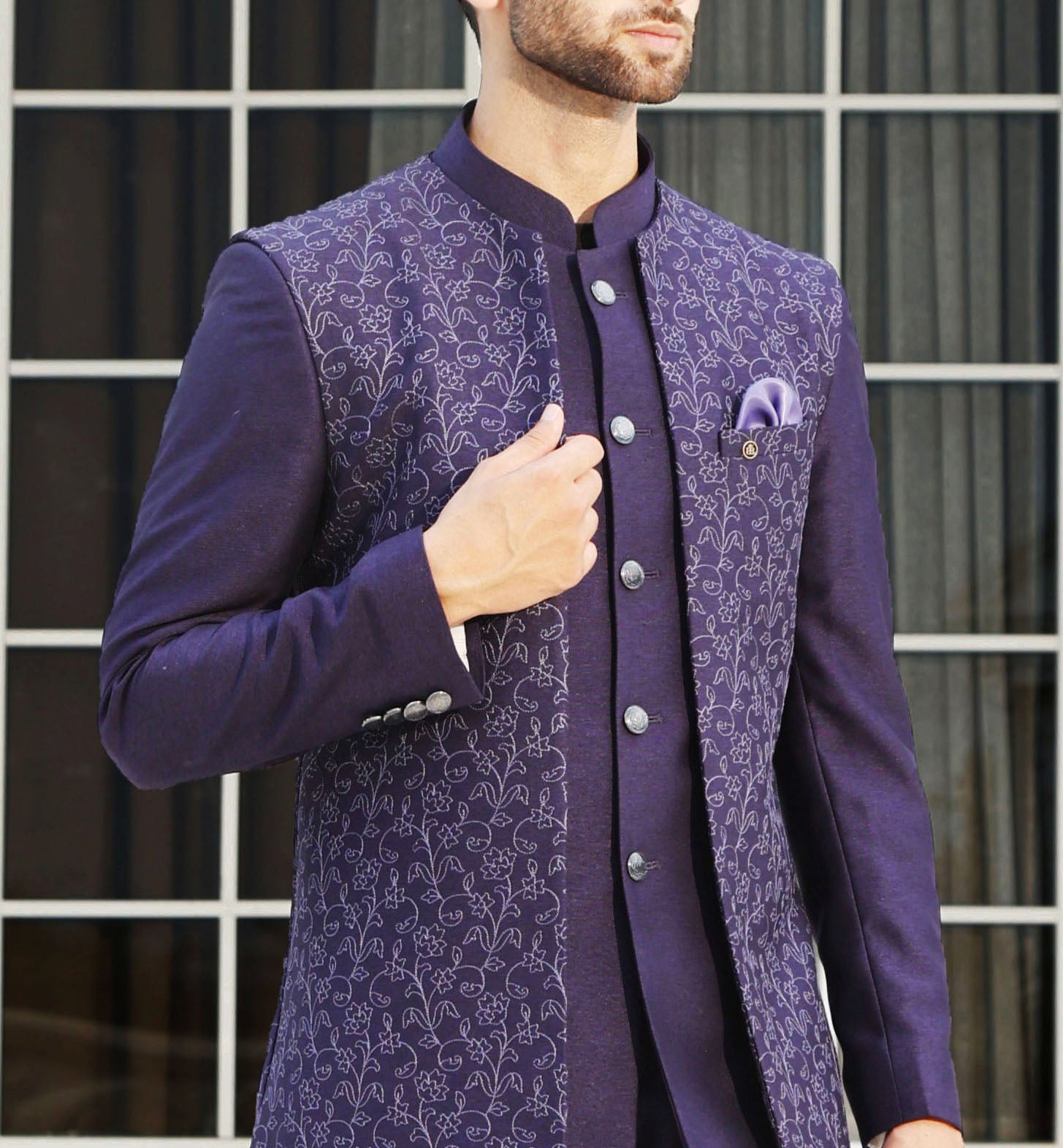 Three-piece Purple Designer Bandhgala suit