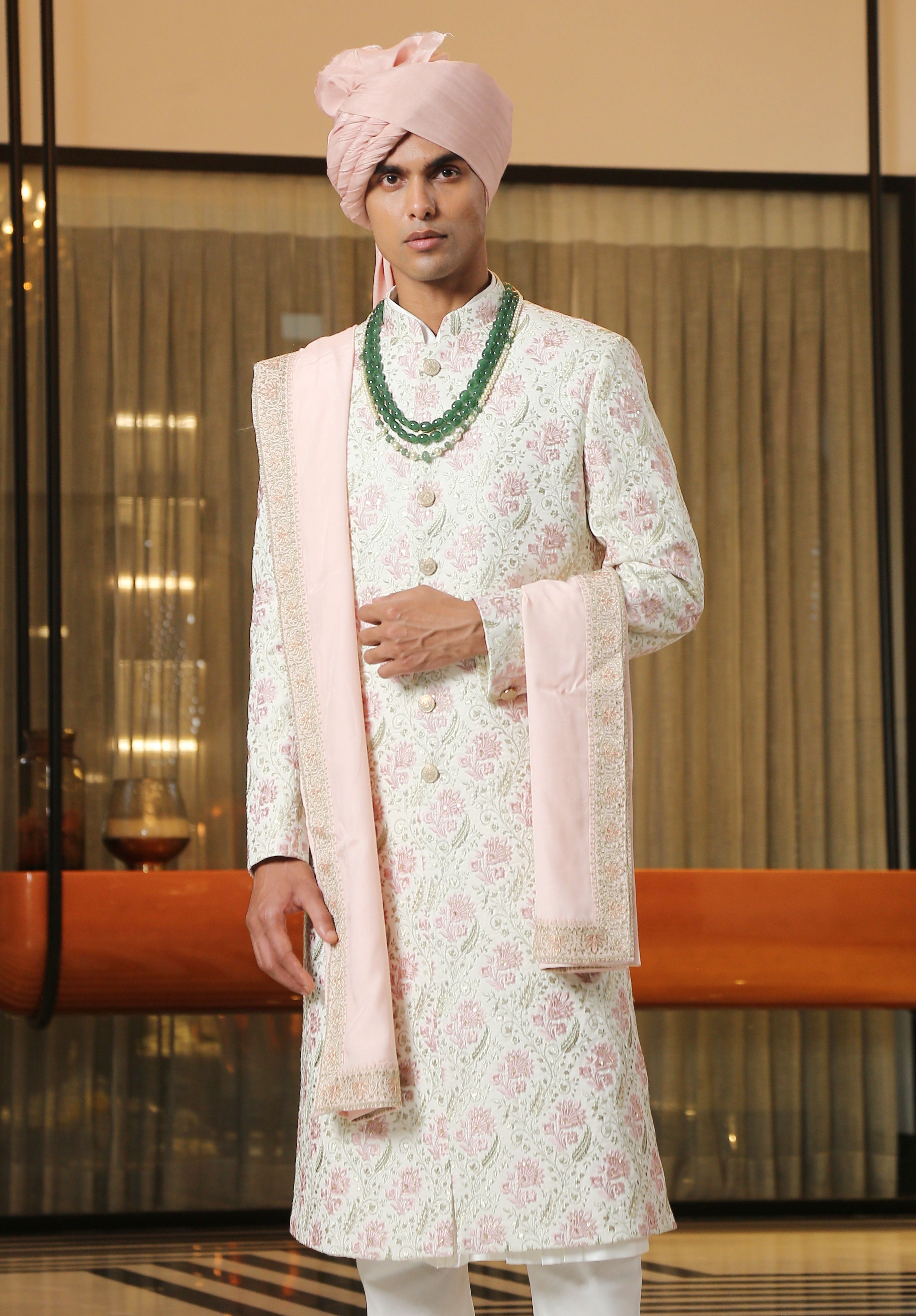 Pink Embroidered Sherwani with Dupatta