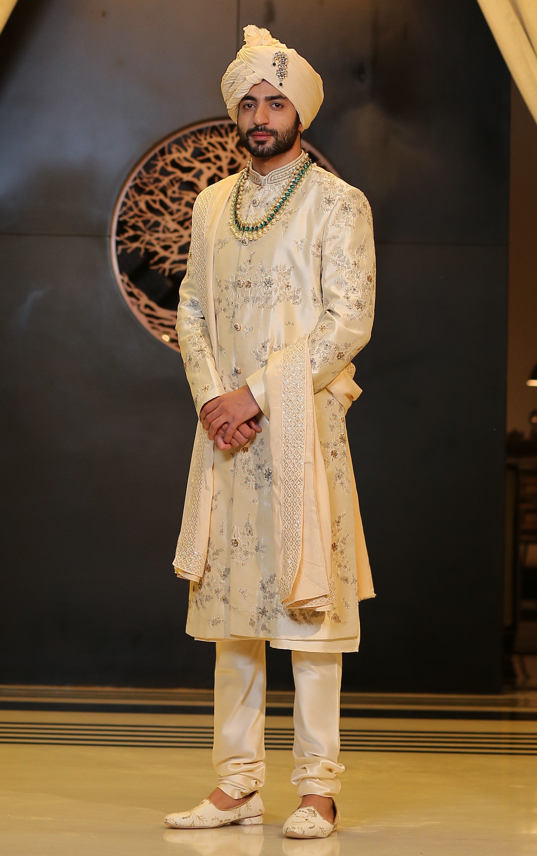 Floral Embroidered Sherwani with Matching Dupatta