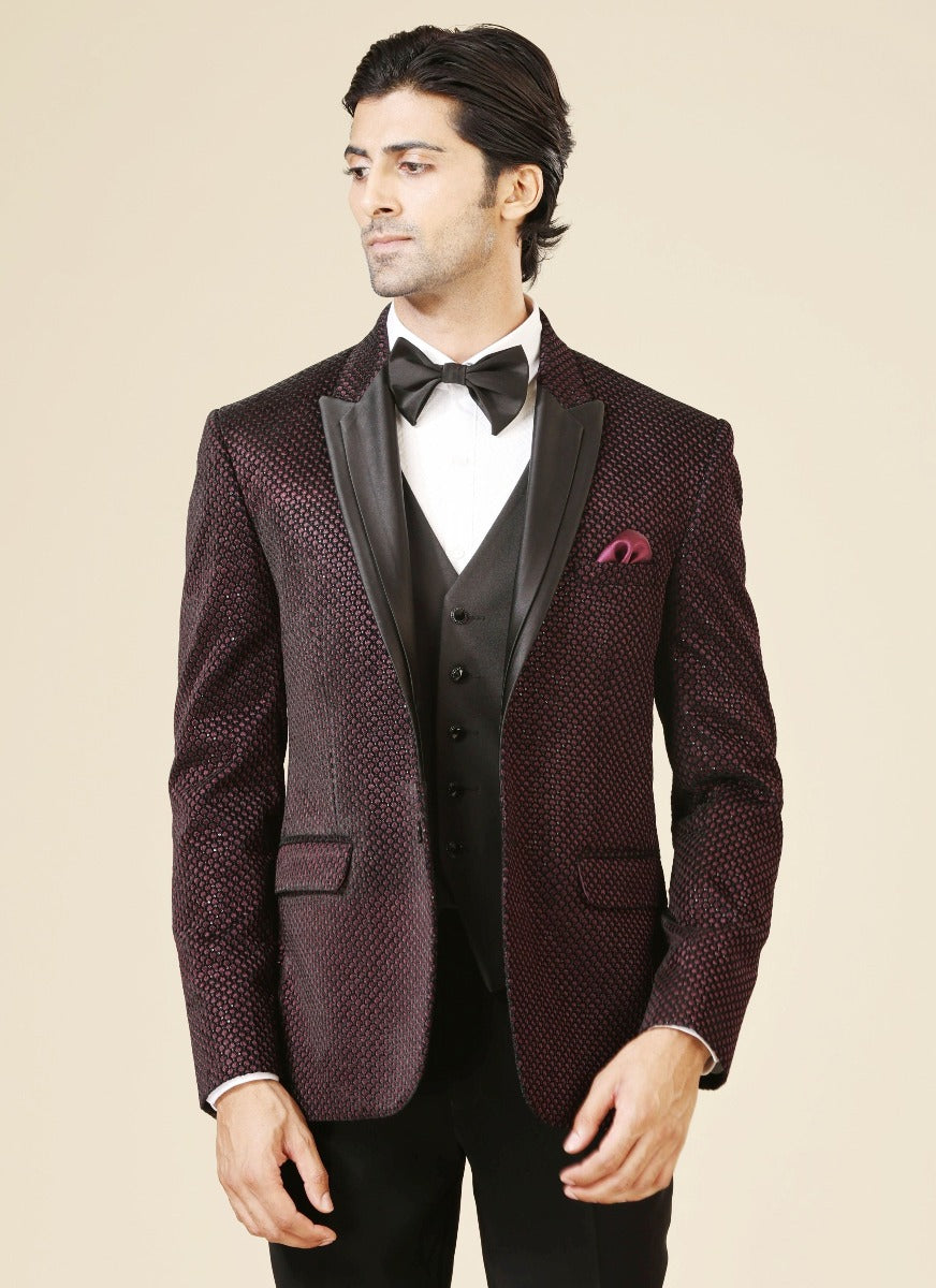 Wine Full Embroidered Velvet Men's Suit