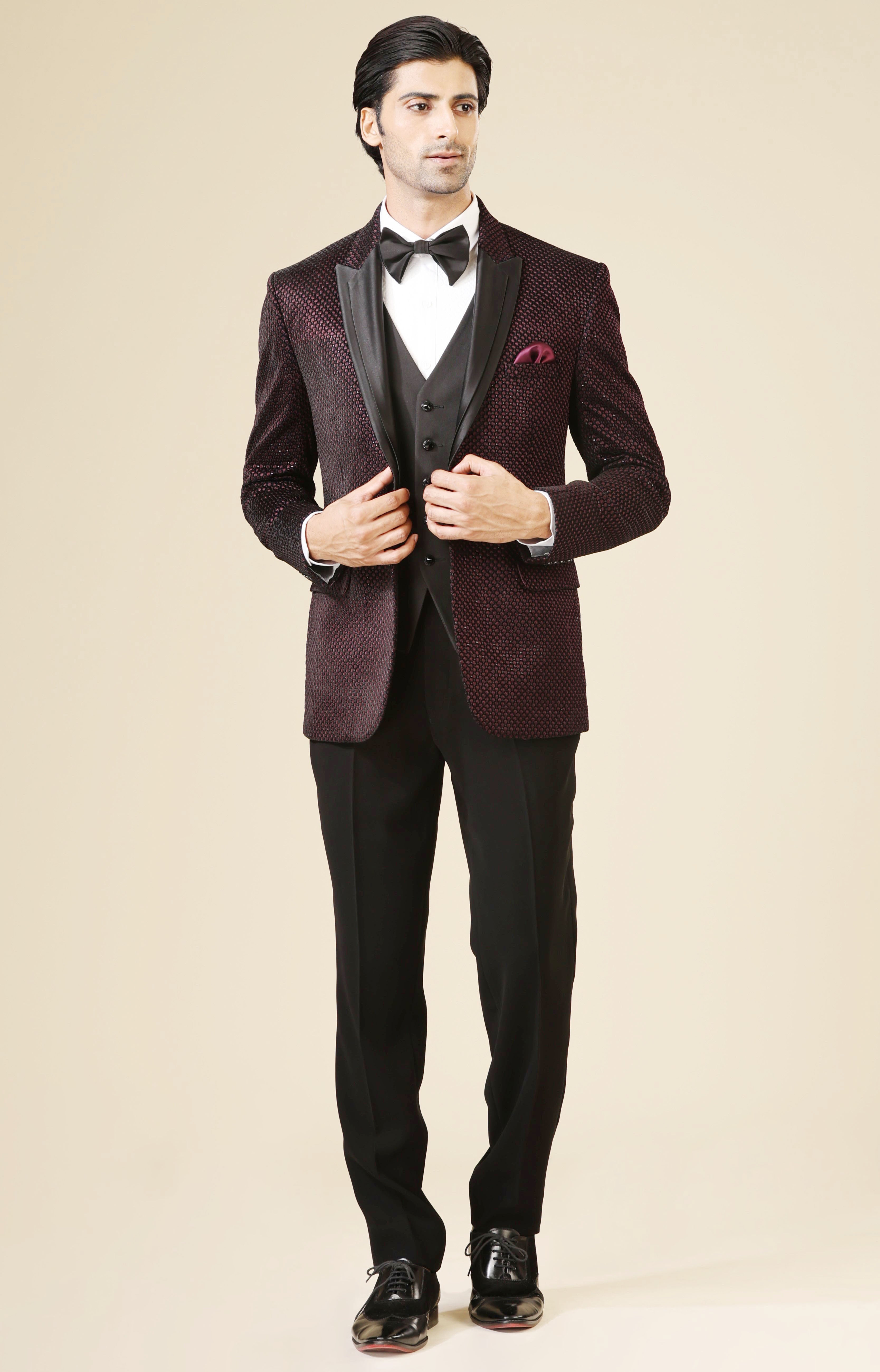 Wine Full Embroidered Velvet Men's Suit