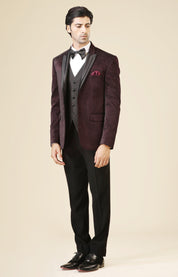 Wine Full Embroidered Velvet Men's Suit