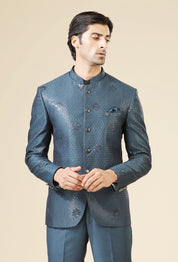 Teal Blue Embroidered Bandhgala Set