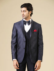 Navy Full Embroidered  Men's Double Breasted Wedding Suit