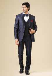 Navy Full Embroidered Men's Suit with Double Breasted Vest