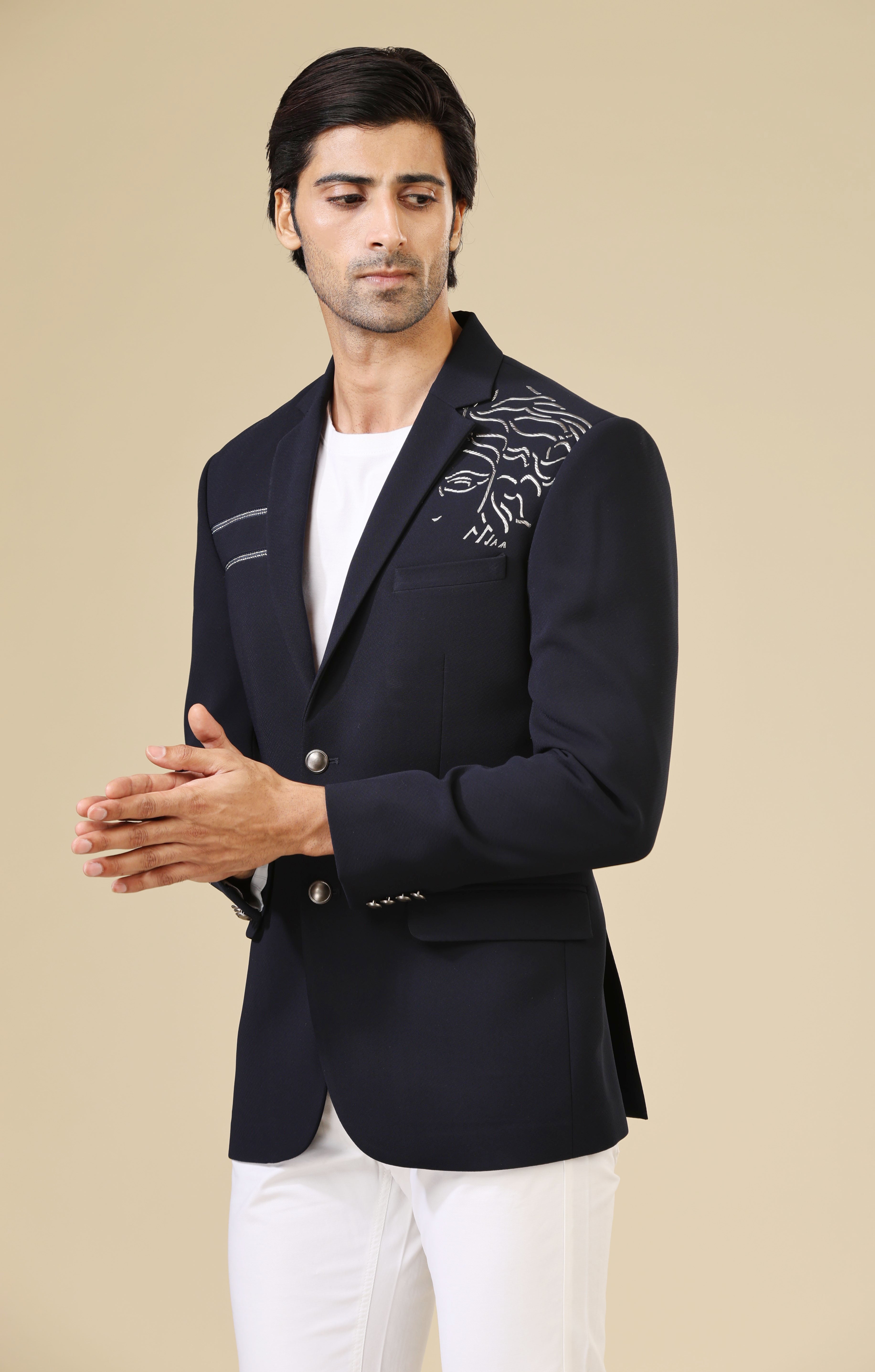 Navy Blue Blazer with Abstract Design