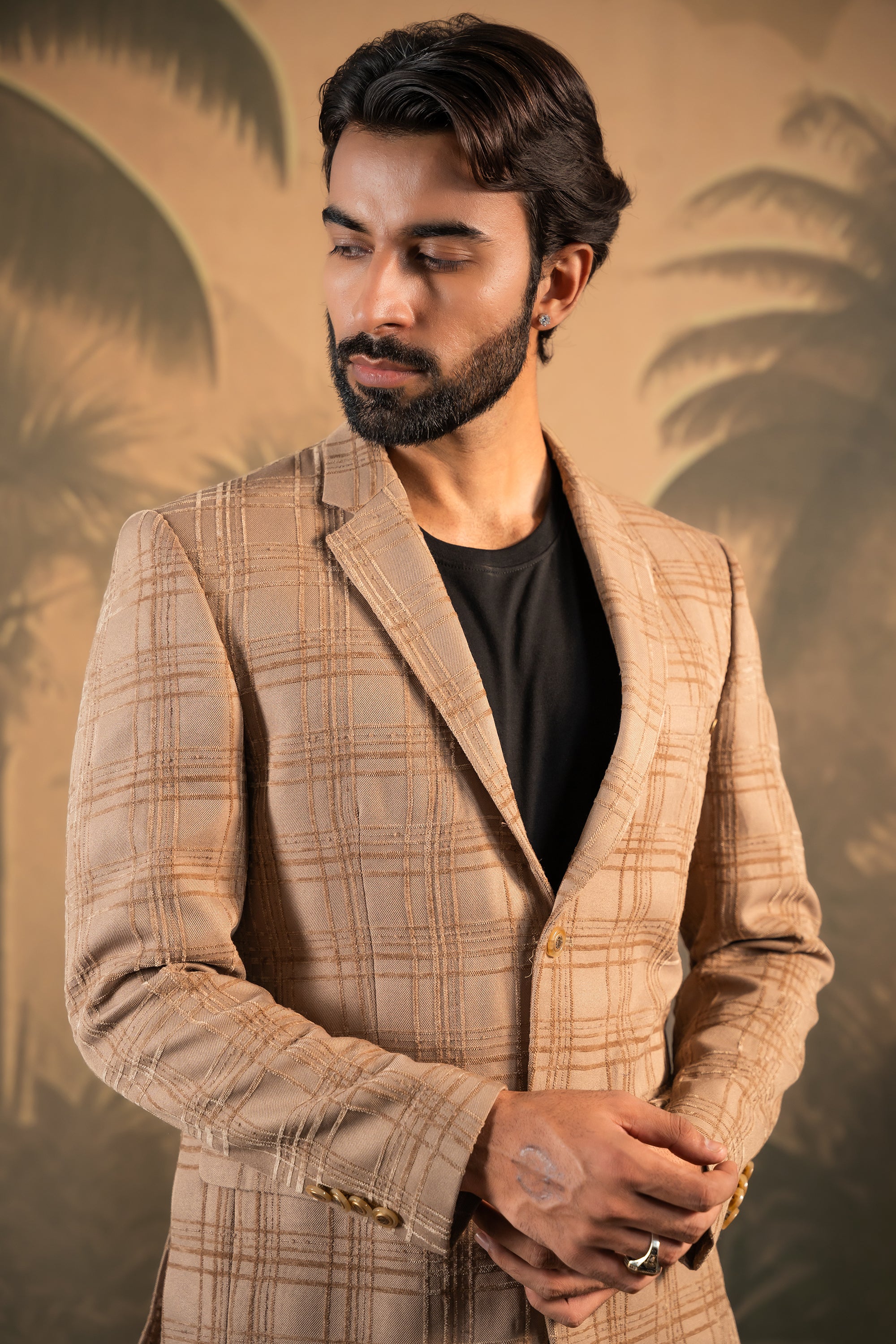 Stylish Beige Blazer with Broad Check Pattern - Perfect for Office and Formal Occasions

