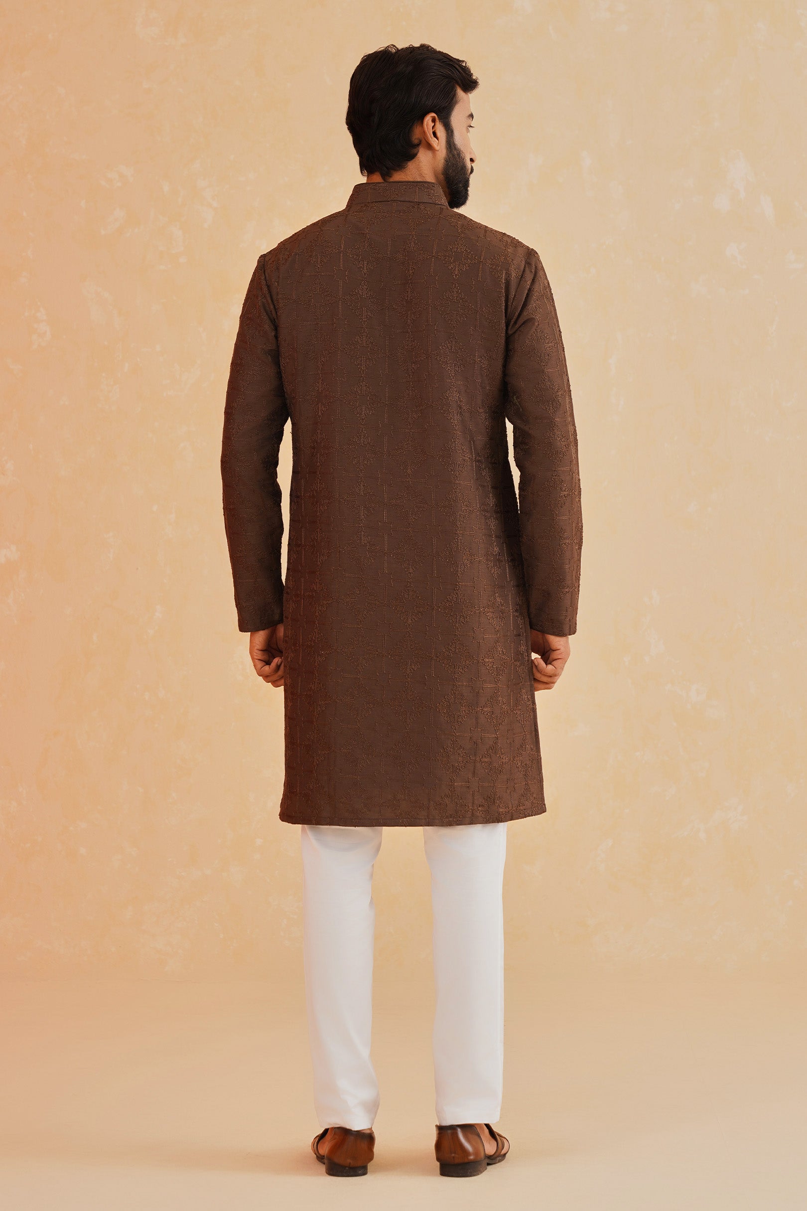 Brown Embroidered Kurta Pyjama - Indian Wedding Wear

