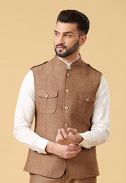 Trendy Brown Linen Bundi - Modern Indian Fashion

