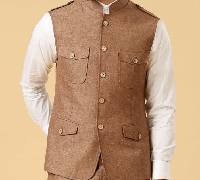 Elegant Brown Linen Bundi - Traditional Indian Attire

