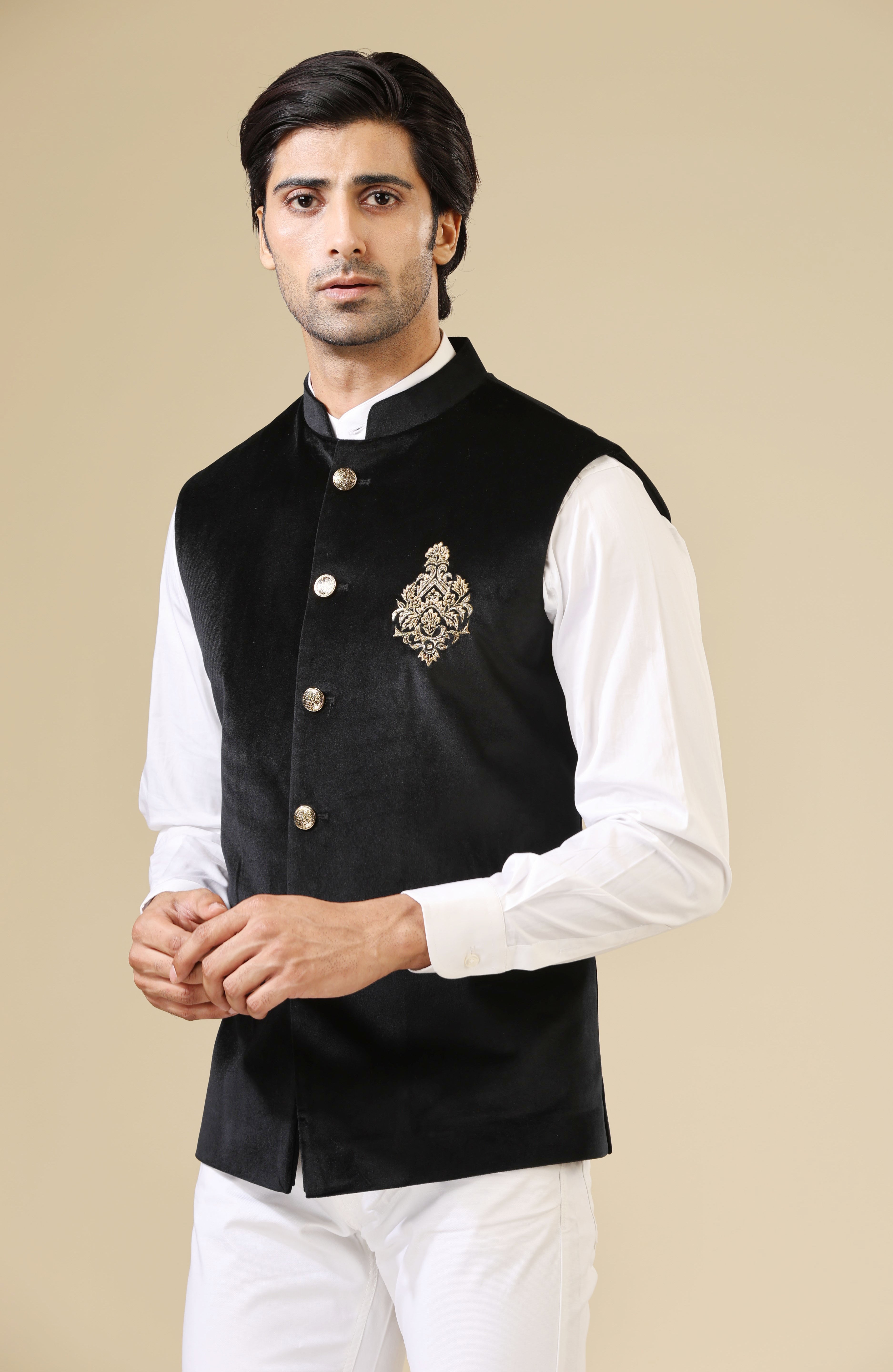 Black Velvet Bundi With Hand Embroidered Motif