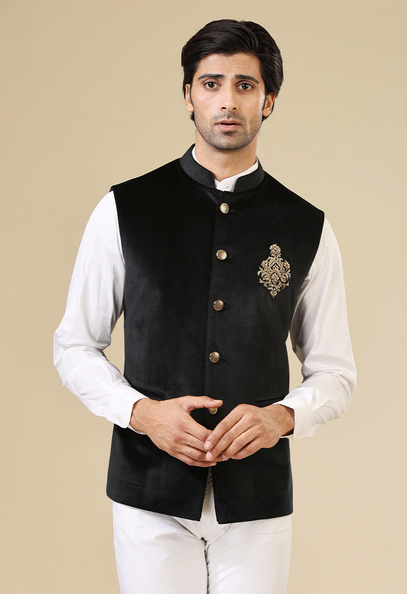 Black Velvet Bundi With Hand Embroidered Motif