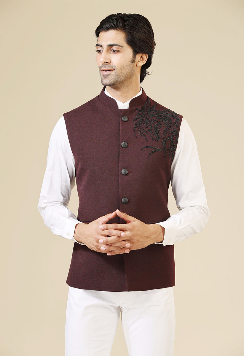 Wine Textured Bundi with Designer Motif