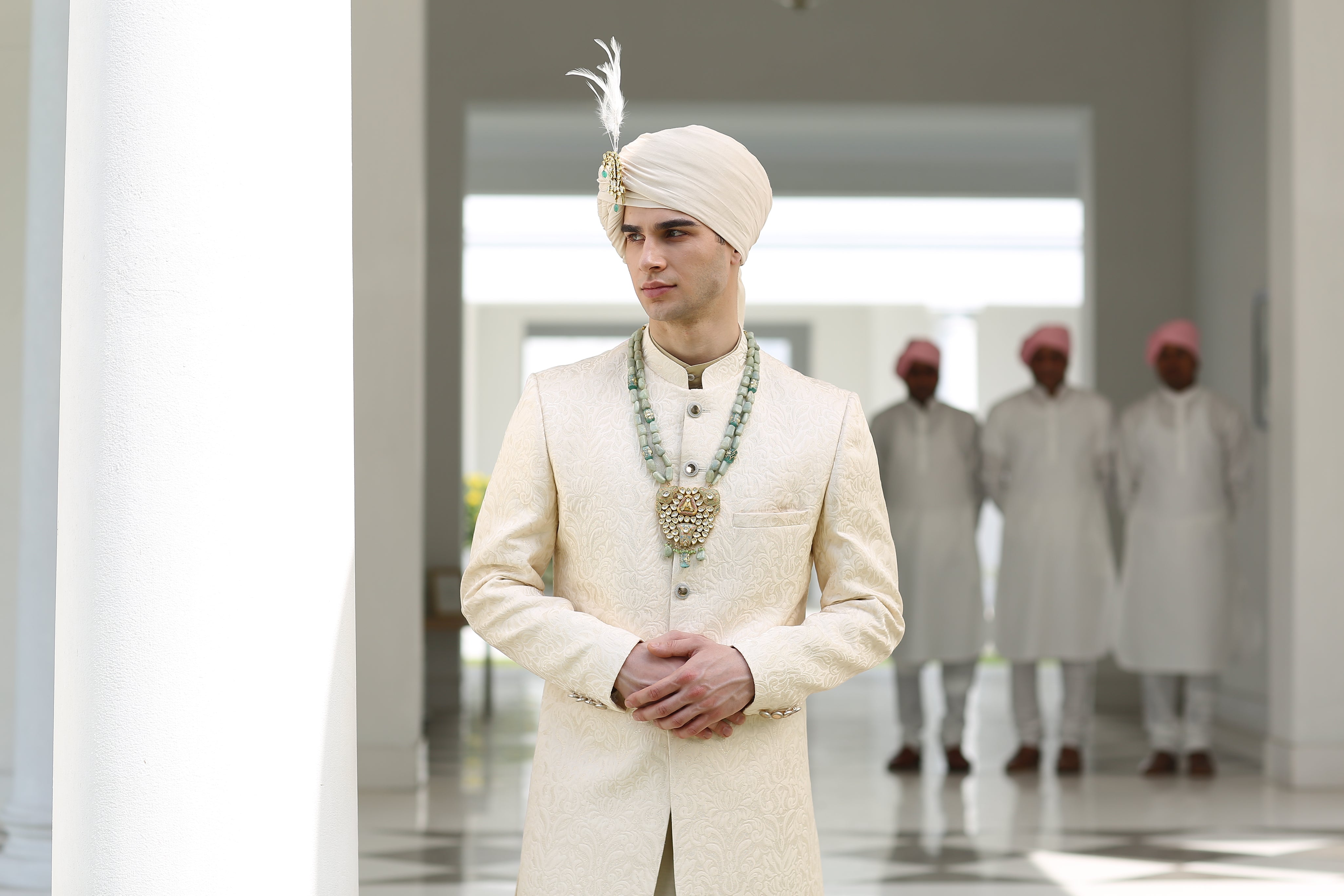 Trendy Cream Jacquard Sherwani - Modern Indian Fashion

