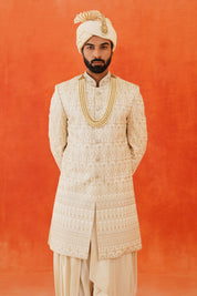 Trendy Cream Sherwani with Dhoti - Modern Indian Fashion

