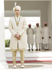 Men's Cream Jacquard Sherwani - Traditional Indian Wedding Wear

