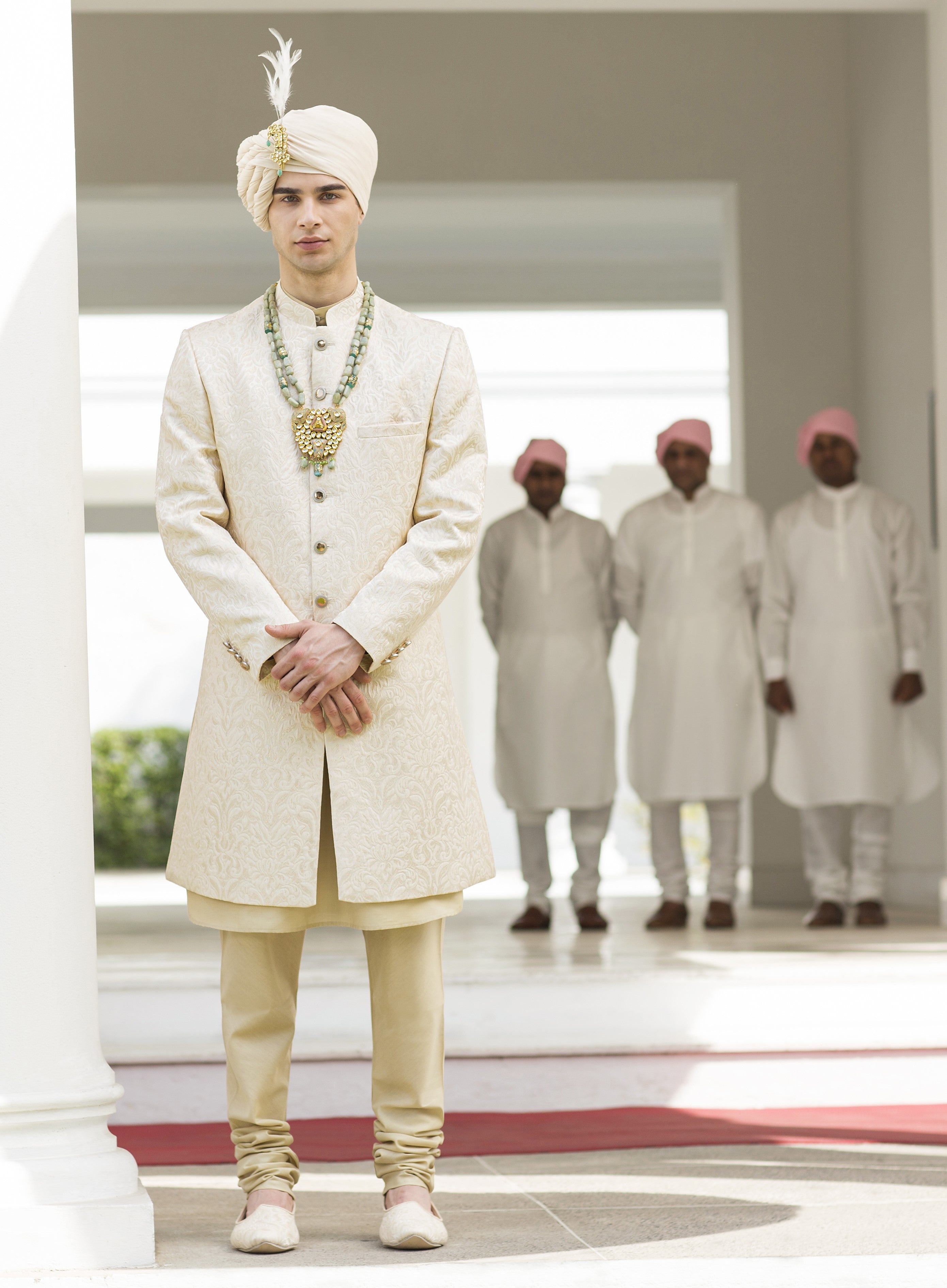 Men&#39;s Cream Jacquard Sherwani - Traditional Indian Wedding Wear

