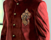 Rust Velvet Long Bandhgala with Embroidered Designer Patch