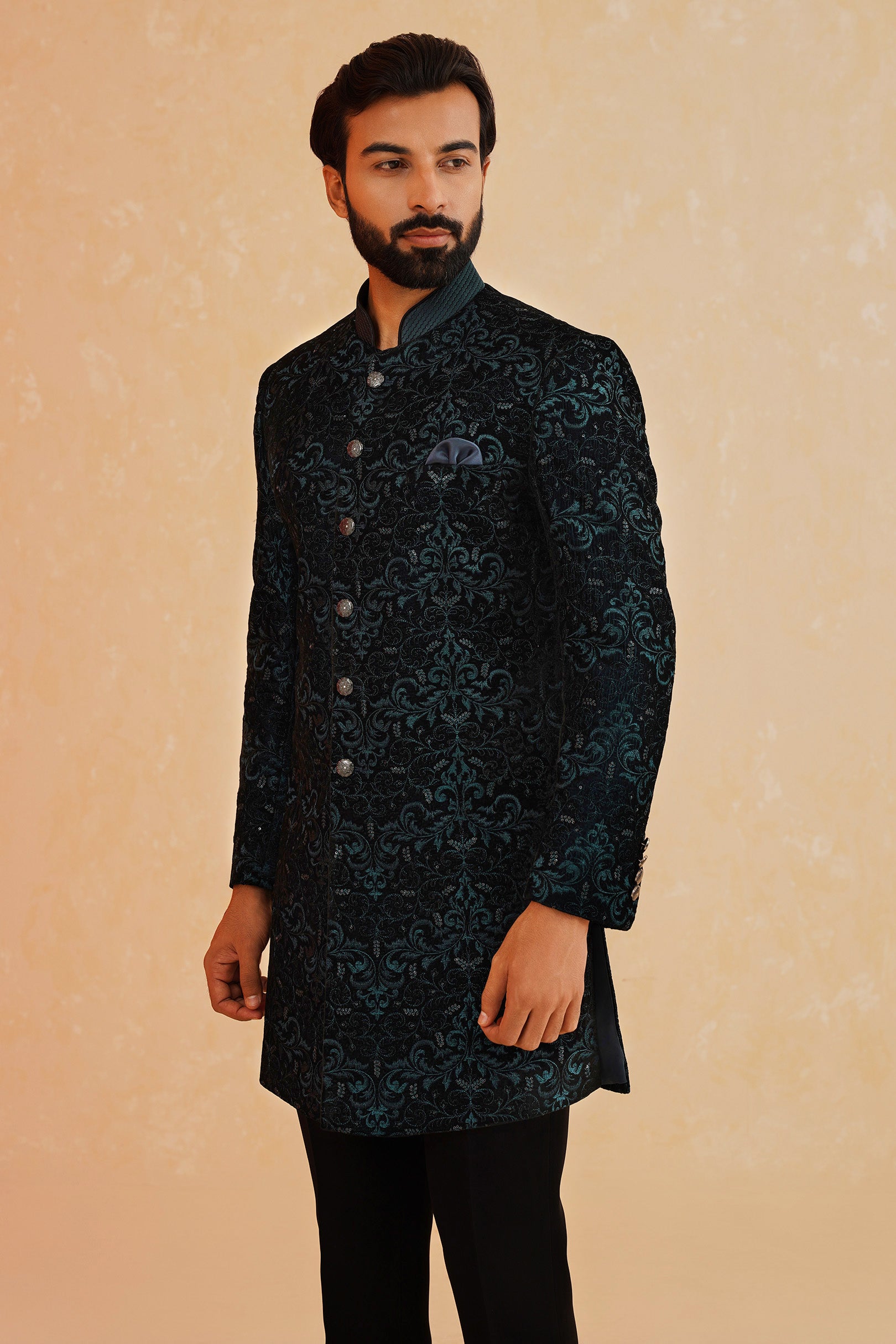 Green Embroidered Velvet Indo-Western Suit