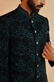 Green Embroidered Velvet Indo-Western Suit