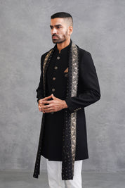 Solid Black Indo-Western with Dupatta & Churidar Pajama