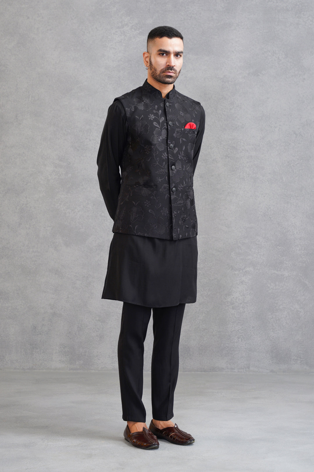 Black Embroidered Kurta Bundi Set