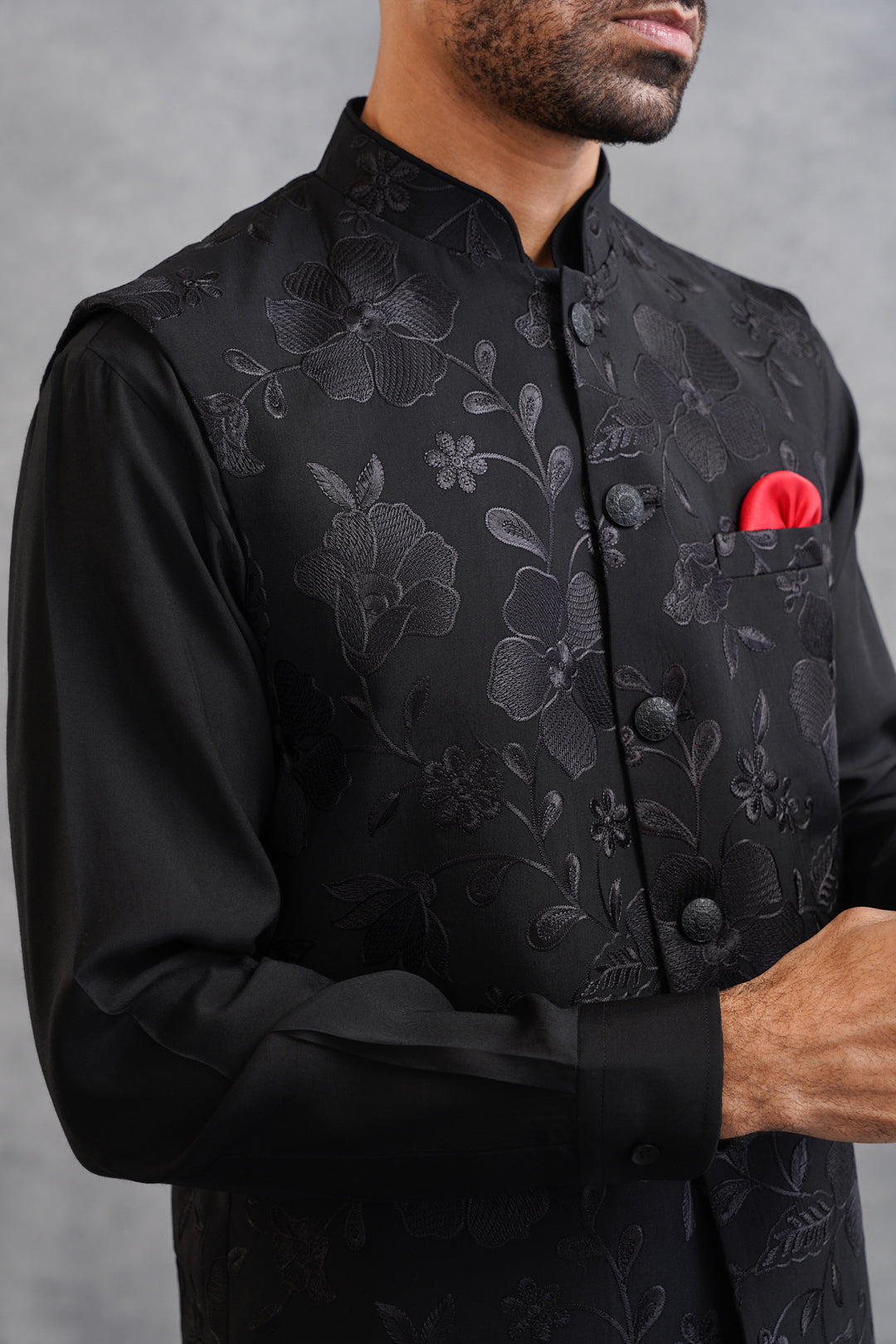 Black Embroidered Kurta Bundi Set