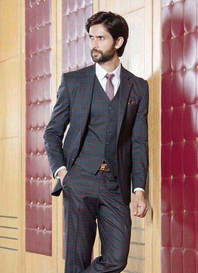 Brown Checked Single-Breasted-5 Piece Suit