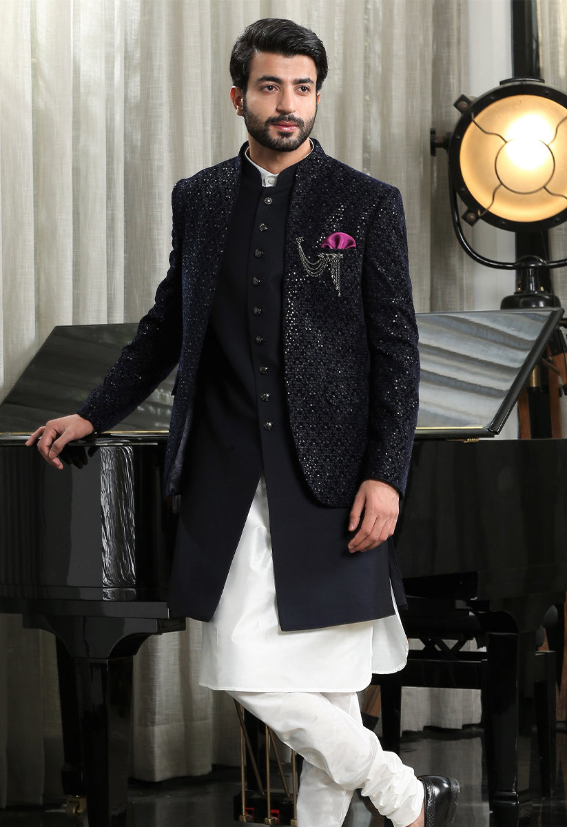 Navy Embroidered Bandhgala  with Long Jacket