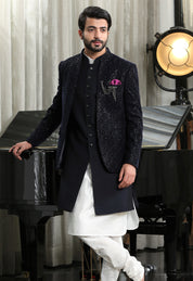 Navy Embroidered Bandhgala  with Long Jacket