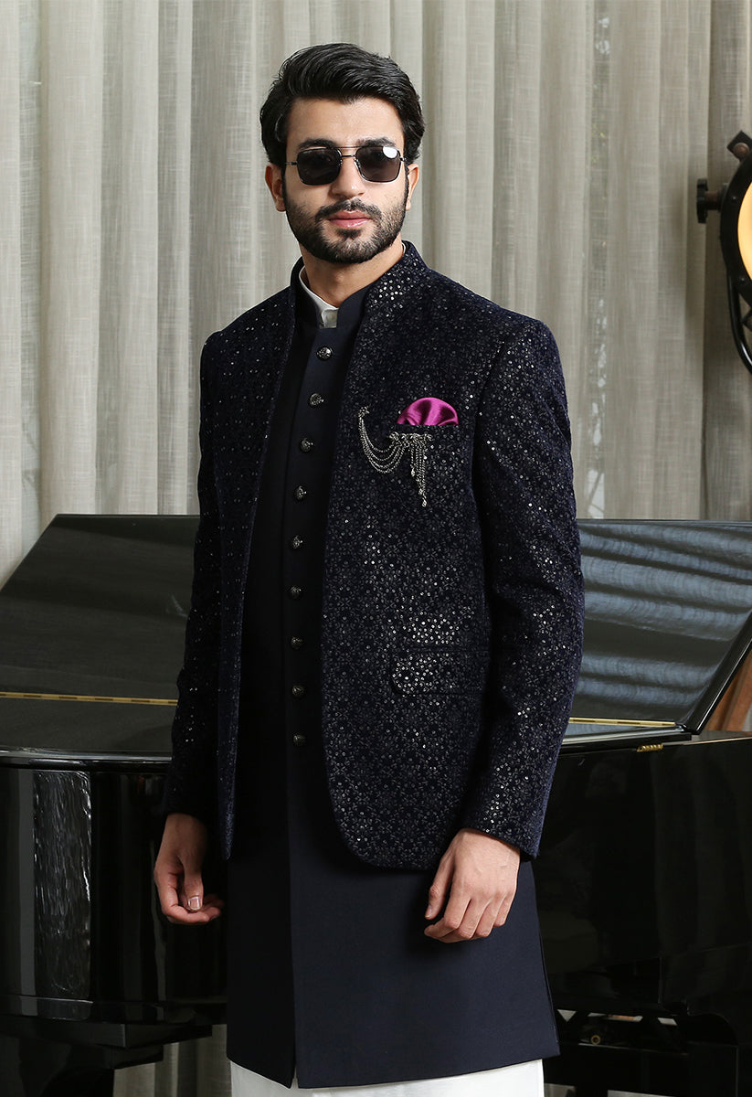 Navy Embroidered Bandhgala  with Long Jacket