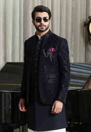 Navy Embroidered Bandhgala  with Long Jacket