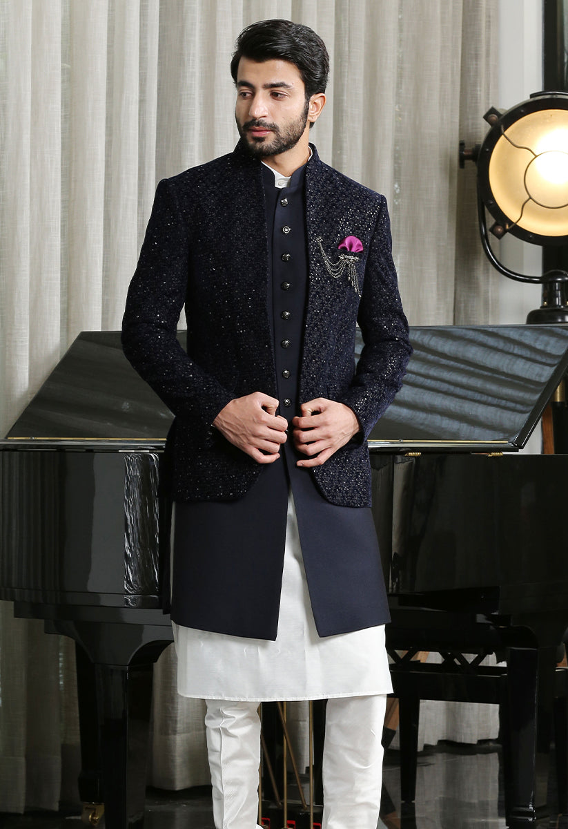 Navy Embroidered Bandhgala  with Long Jacket