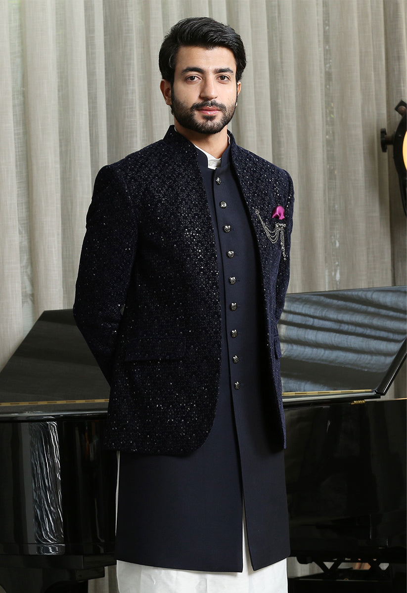 Navy Embroidered Bandhgala  with Long Jacket