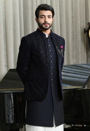 Navy Embroidered Bandhgala  with Long Jacket