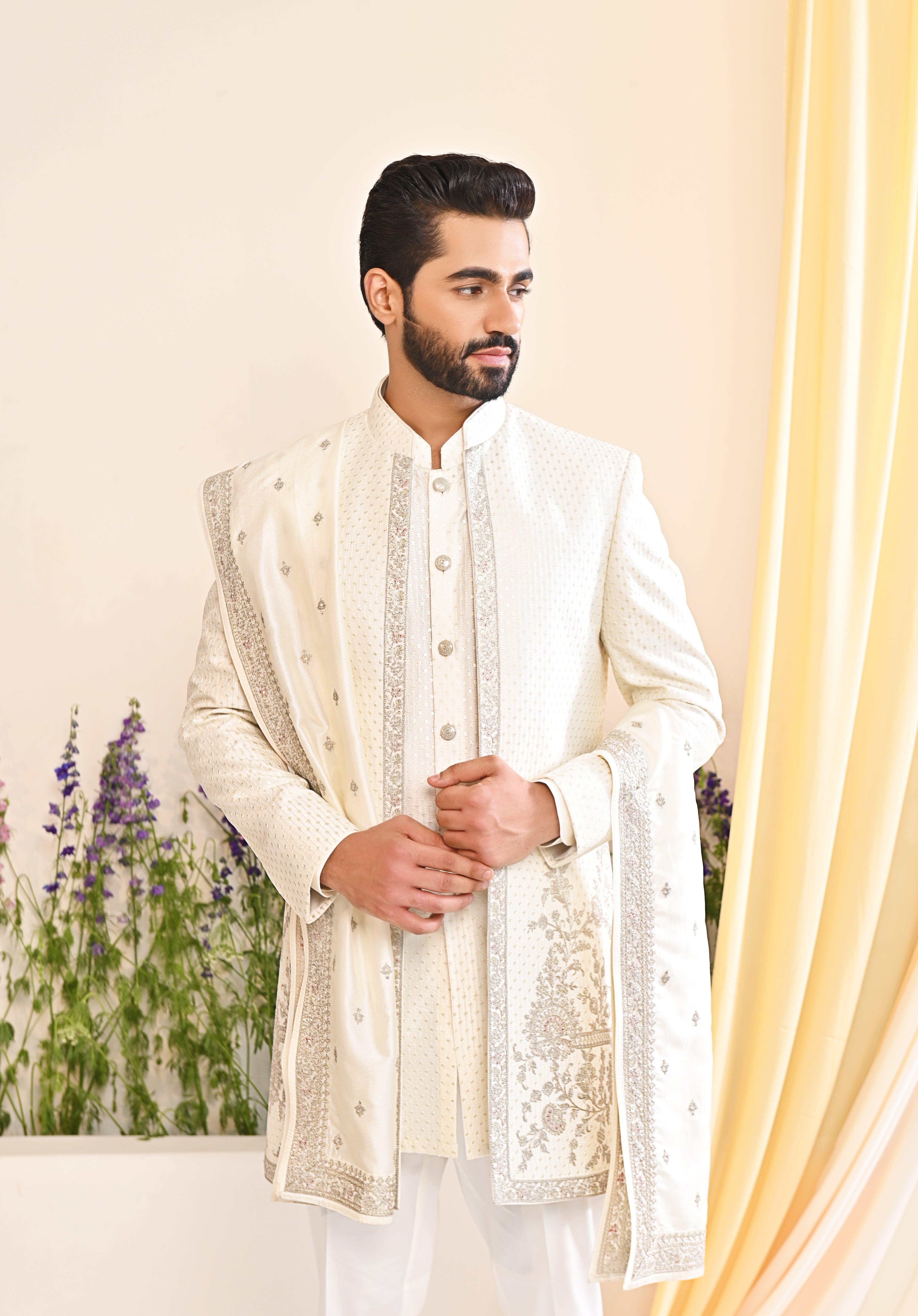 Off-white Embroidered Indo-Western with Dupatta