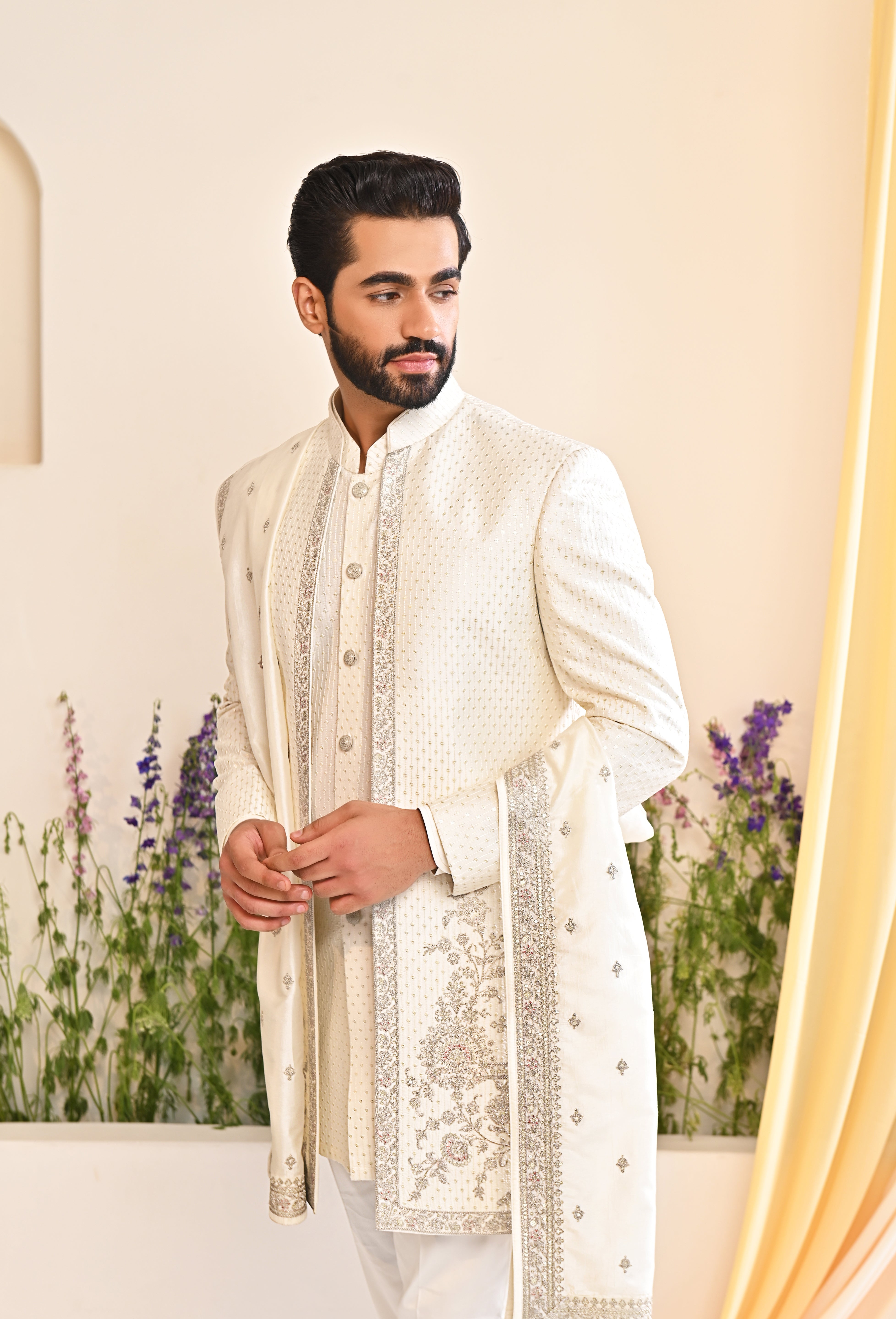 Off-white Embroidered Indo-Western with Dupatta