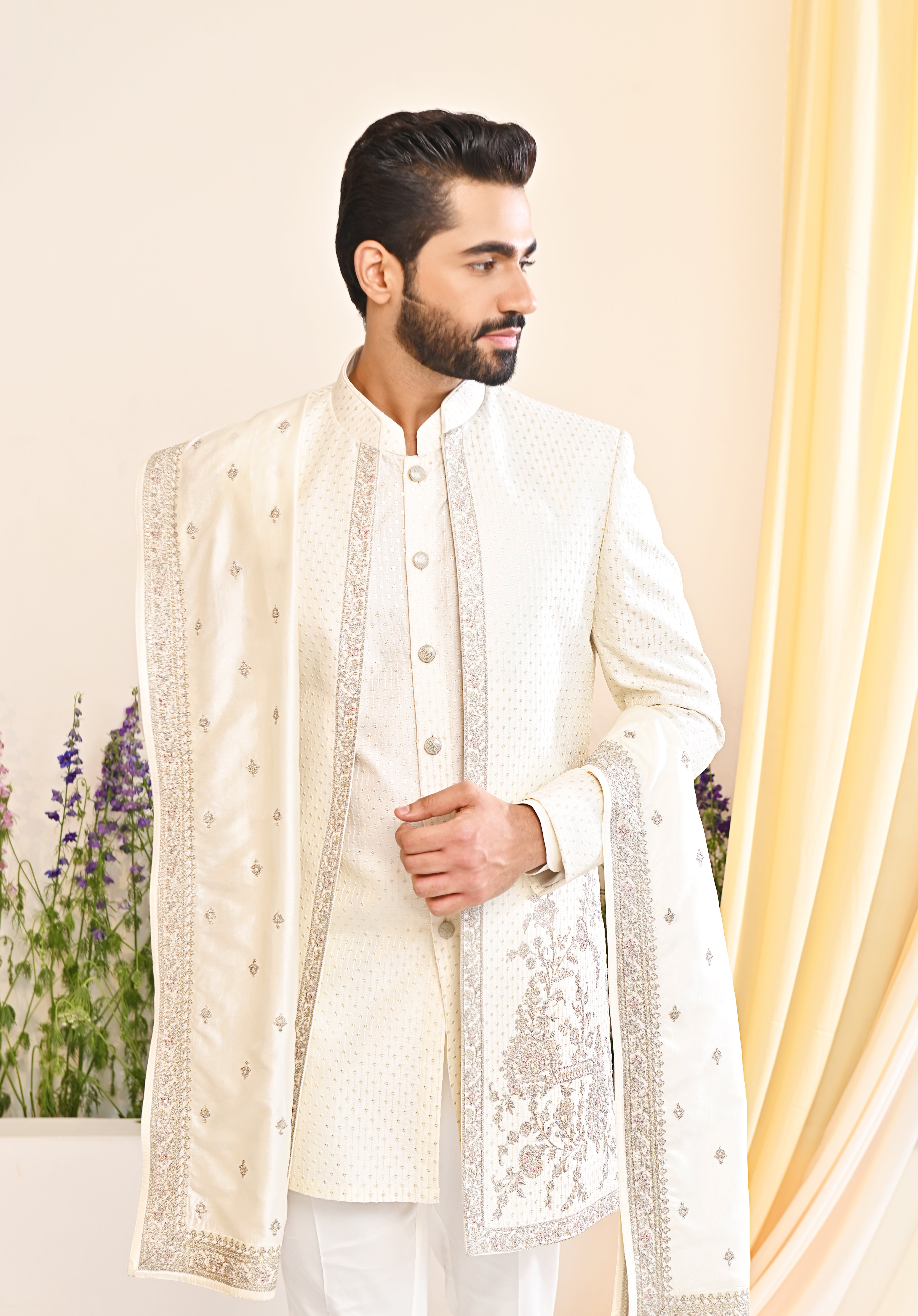 Off-white Embroidered Indo-Western with Dupatta