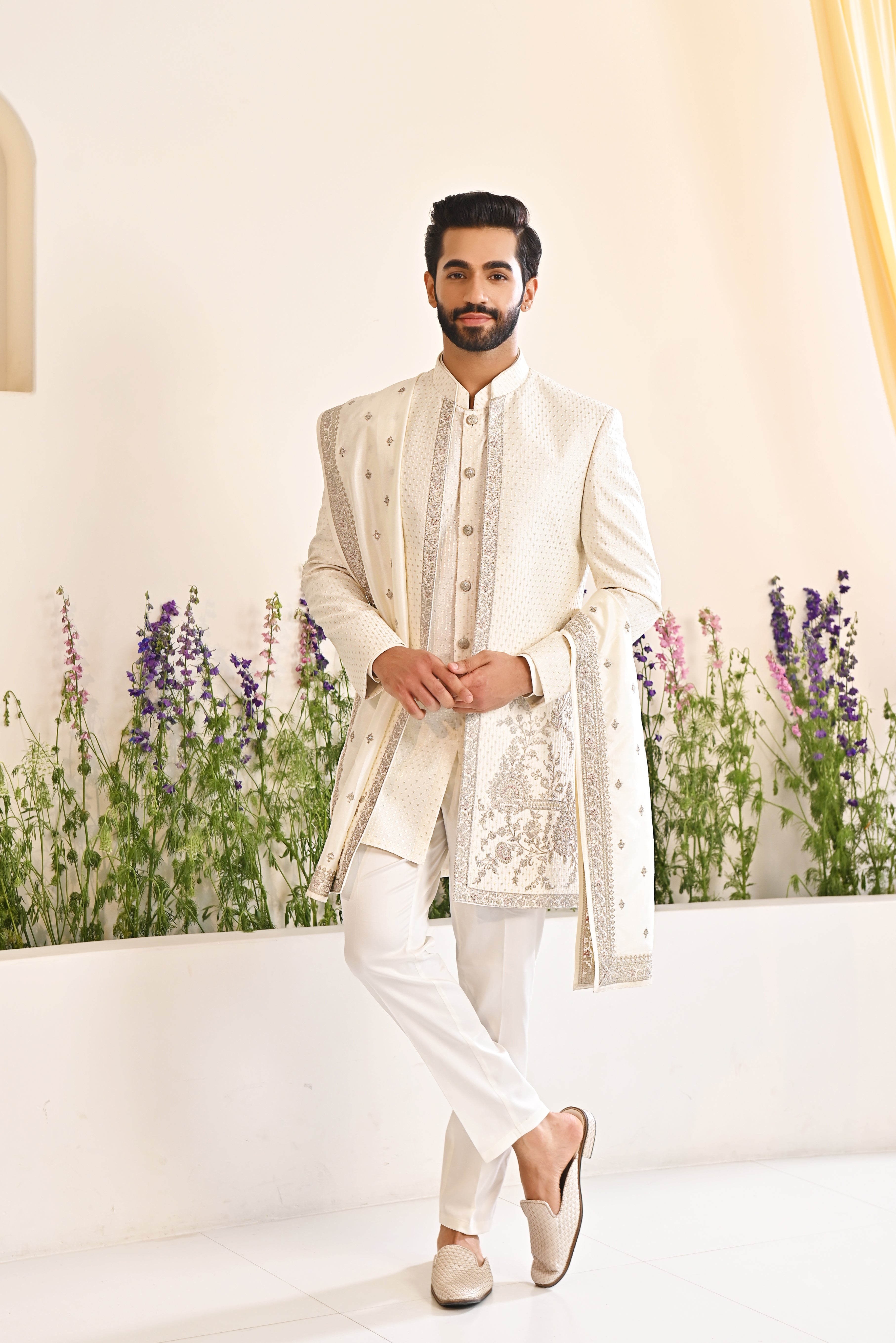 Off-white Embroidered Indo-Western with Dupatta