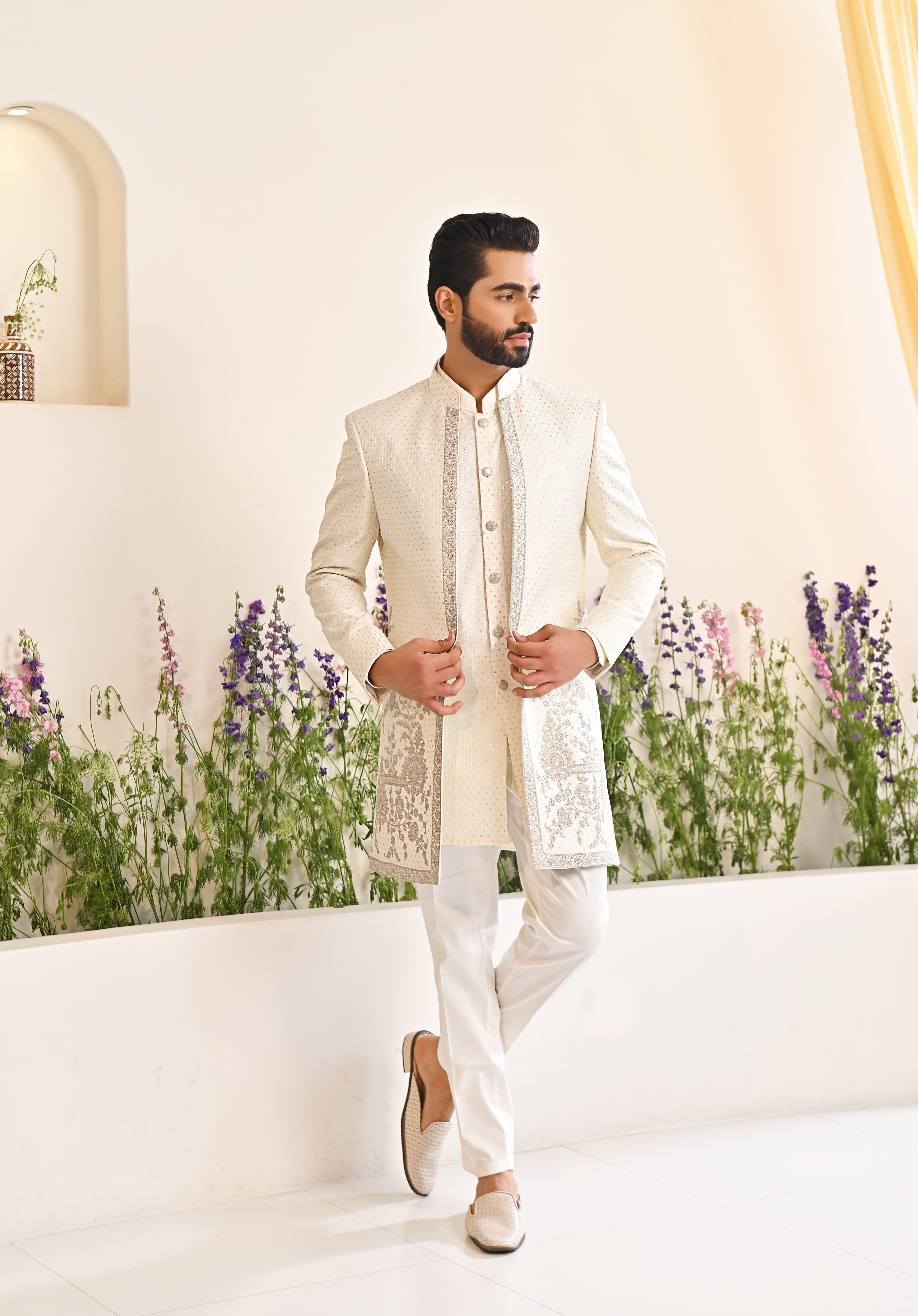 Off-white Embroidered Indo-Western with Dupatta