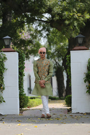 Timeless Green Kurta Jacket Set with Intricate Embroidery



