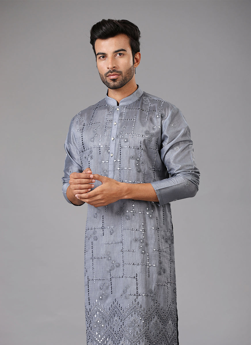 Elegant Dark Grey Embroidered Kurta Pyjama - Indian Ethnic Wear

