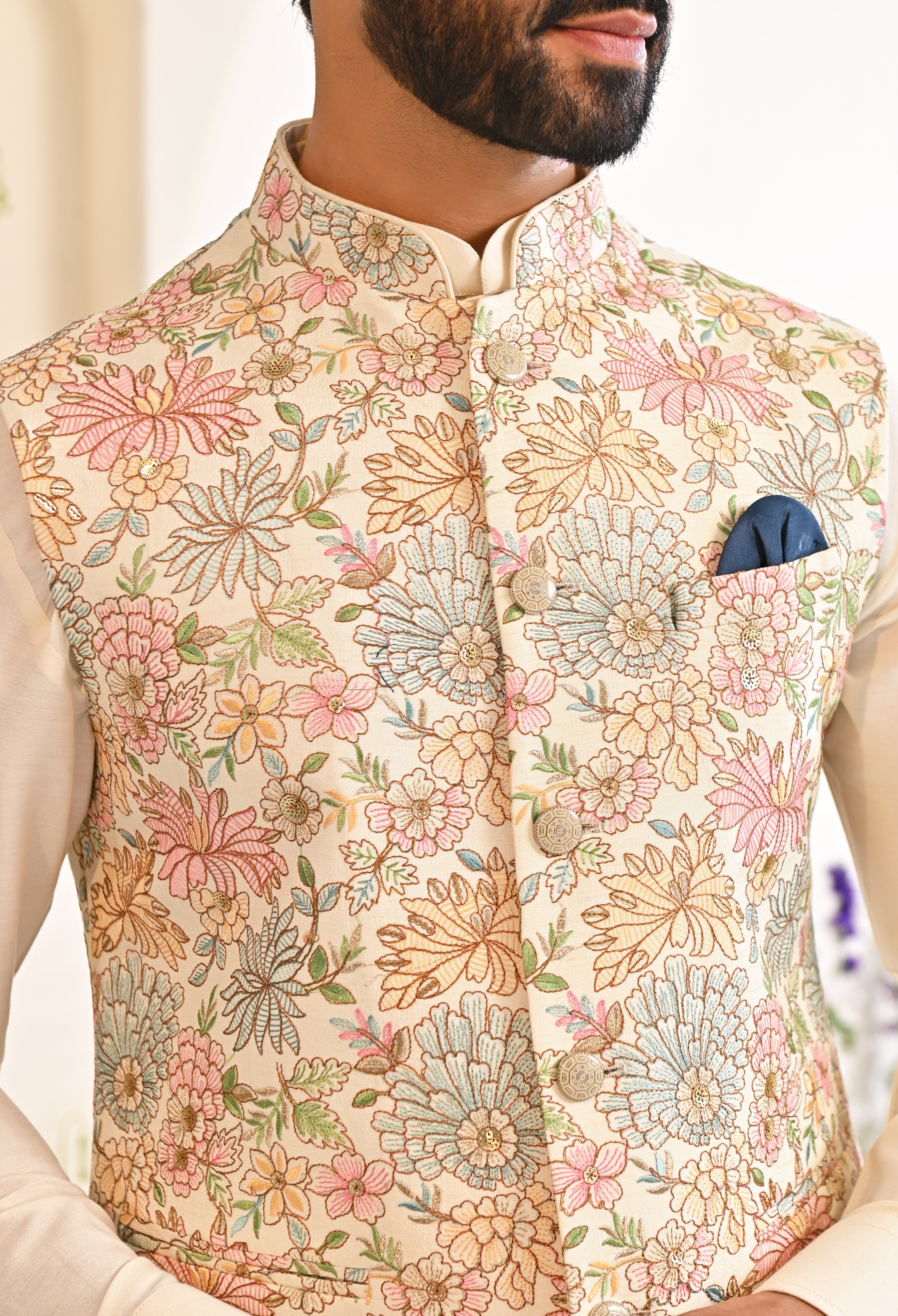 Multi Colored Embroidered Kurta Jacket Set