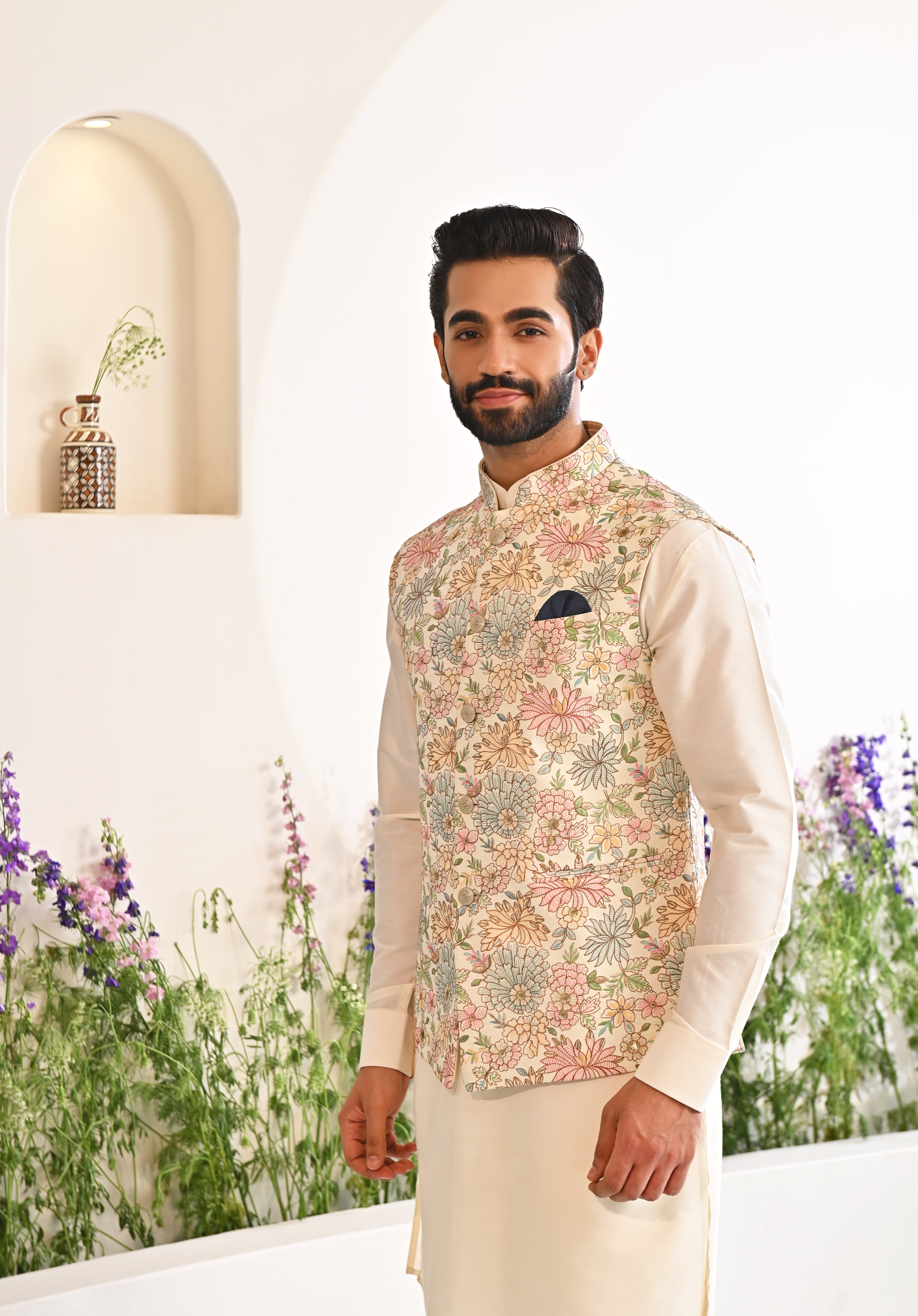 Multi Colored Embroidered Kurta Jacket Set