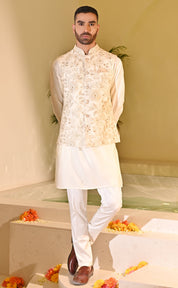 Beige Kurta Jacket Set with Zari Embroidery