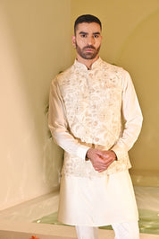 Beige Kurta Jacket Set with Zari Embroidery