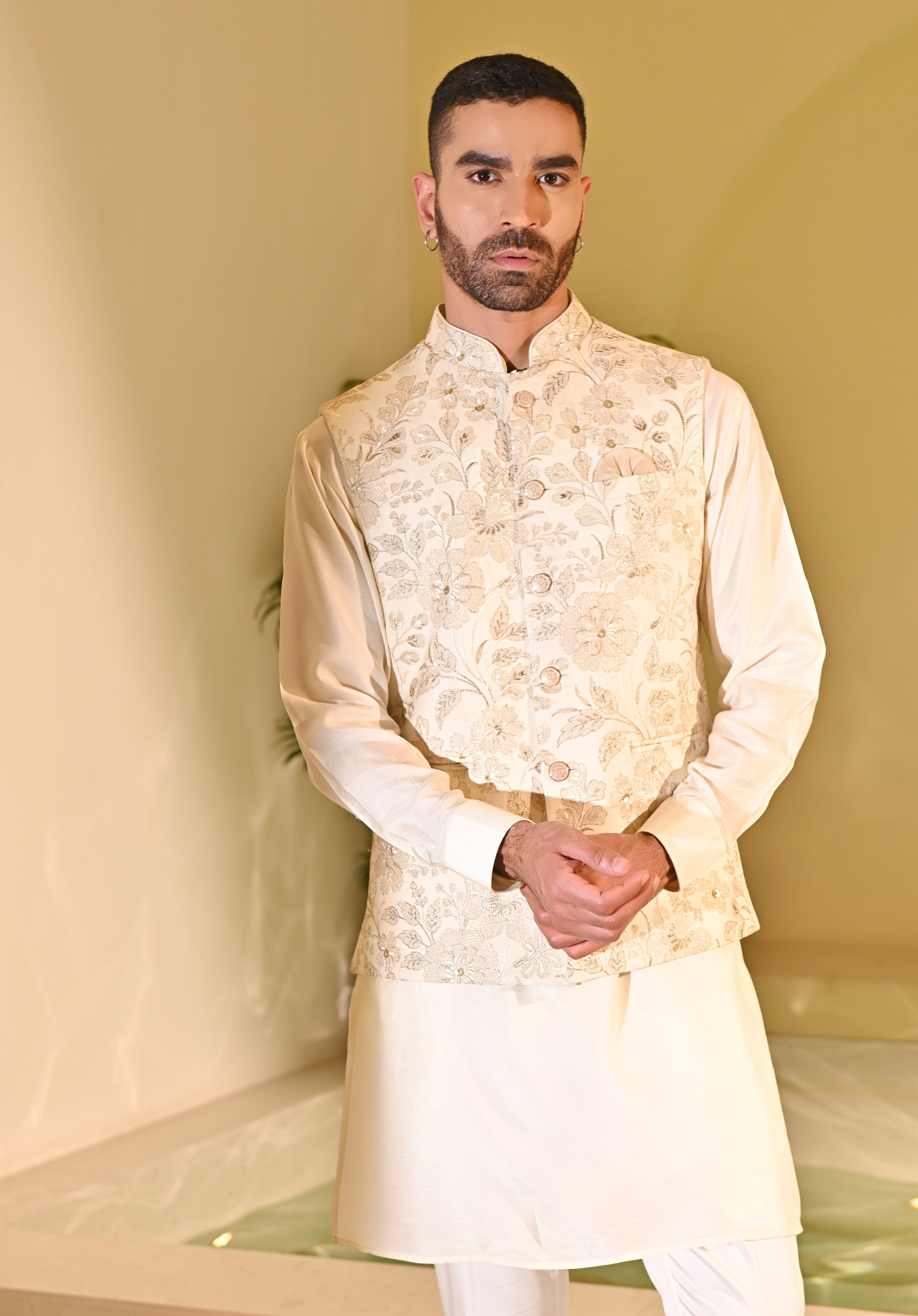 Beige Kurta Jacket Set with Zari Embroidery