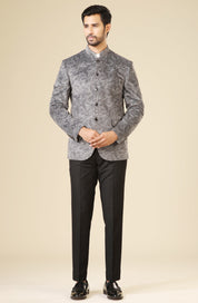 Trendy Grey Velvet Bandhgala with Print - Modern Indian Fashion

